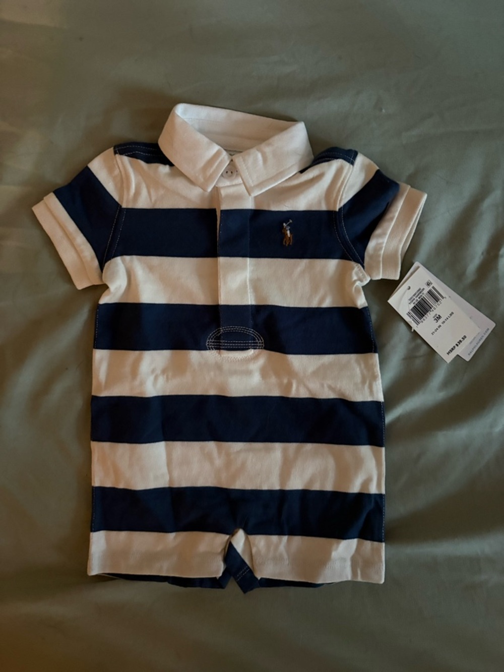 Ralph Lauren Navy & White Striped Baby Polo Romper